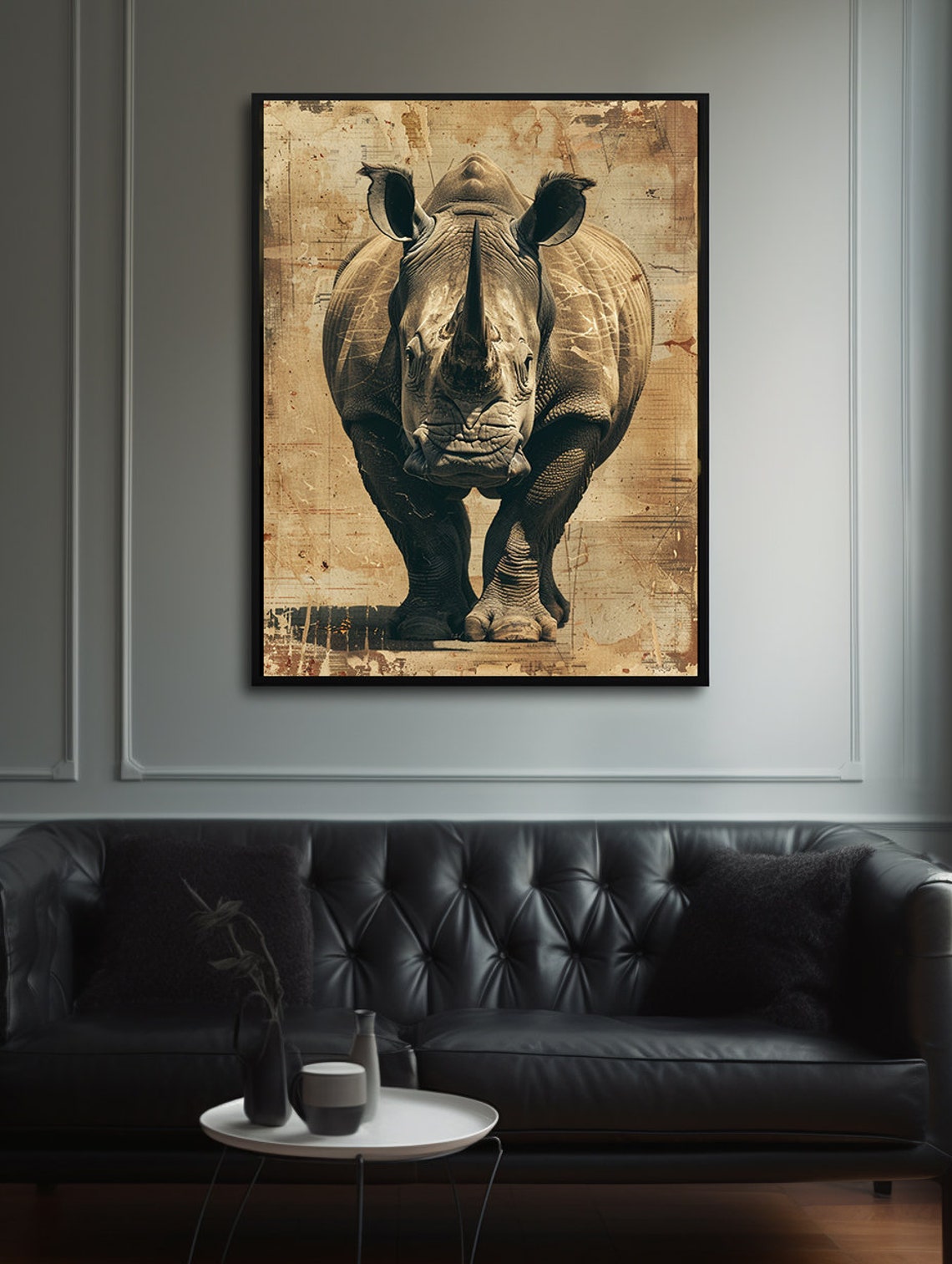 Charging Rhino Portrait on Weathered Vintage Parchment Poster - Image 7