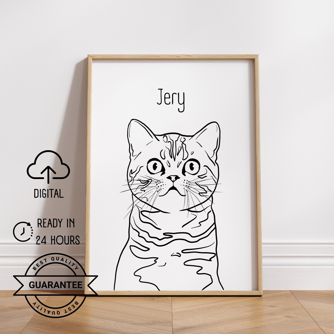 Custom Line Art Cat Portrait Minimalist Tabby Pet Sketch Name Poster