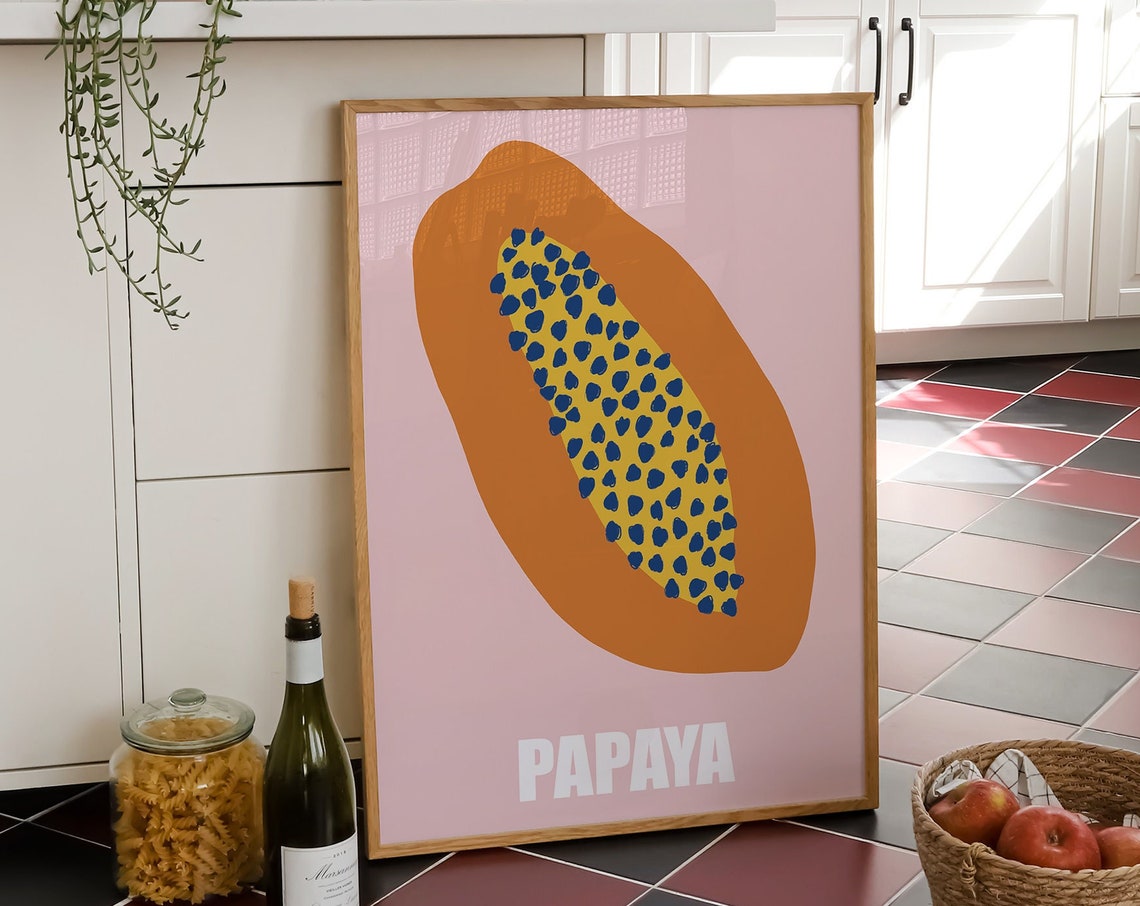 Papaya Bold Fruit Illustration Orange Blue Pink Kitchen Wall Art