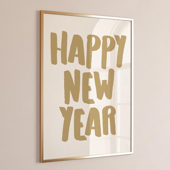Happy New Year Gold Brush Letters Cream Minimalist NYE Celebration Poster