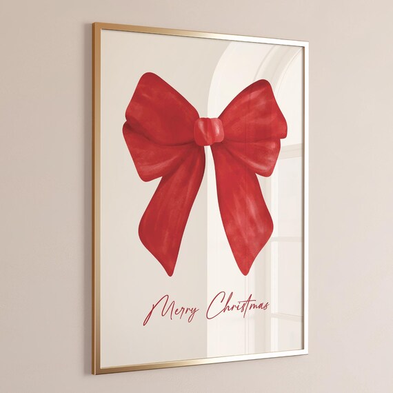 Merry Christmas Big Red Watercolor Bow Elegant Holiday Wall Art