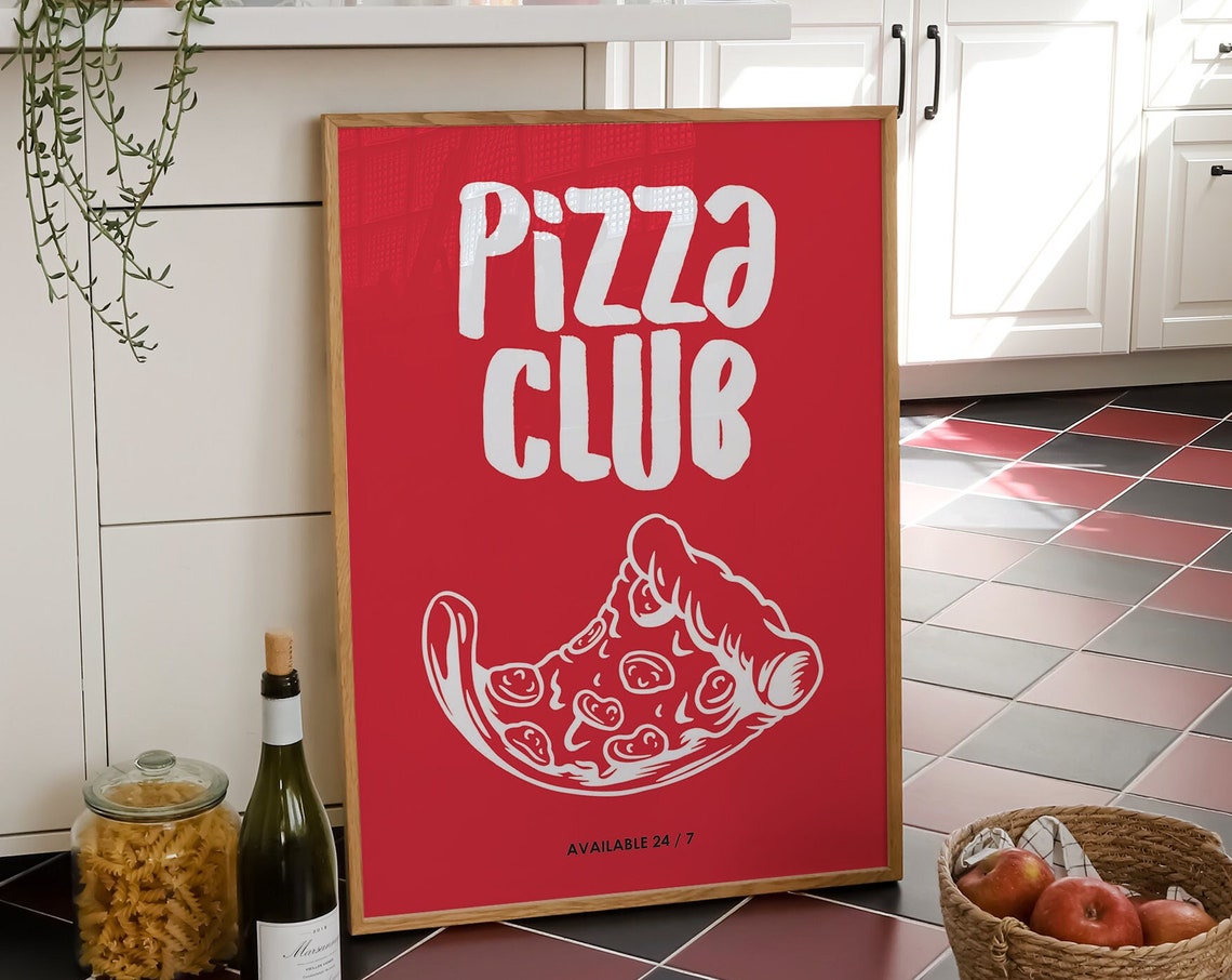 Pizza Club Red Pepperoni Slice Illustration Kitchen Dining Room Poster