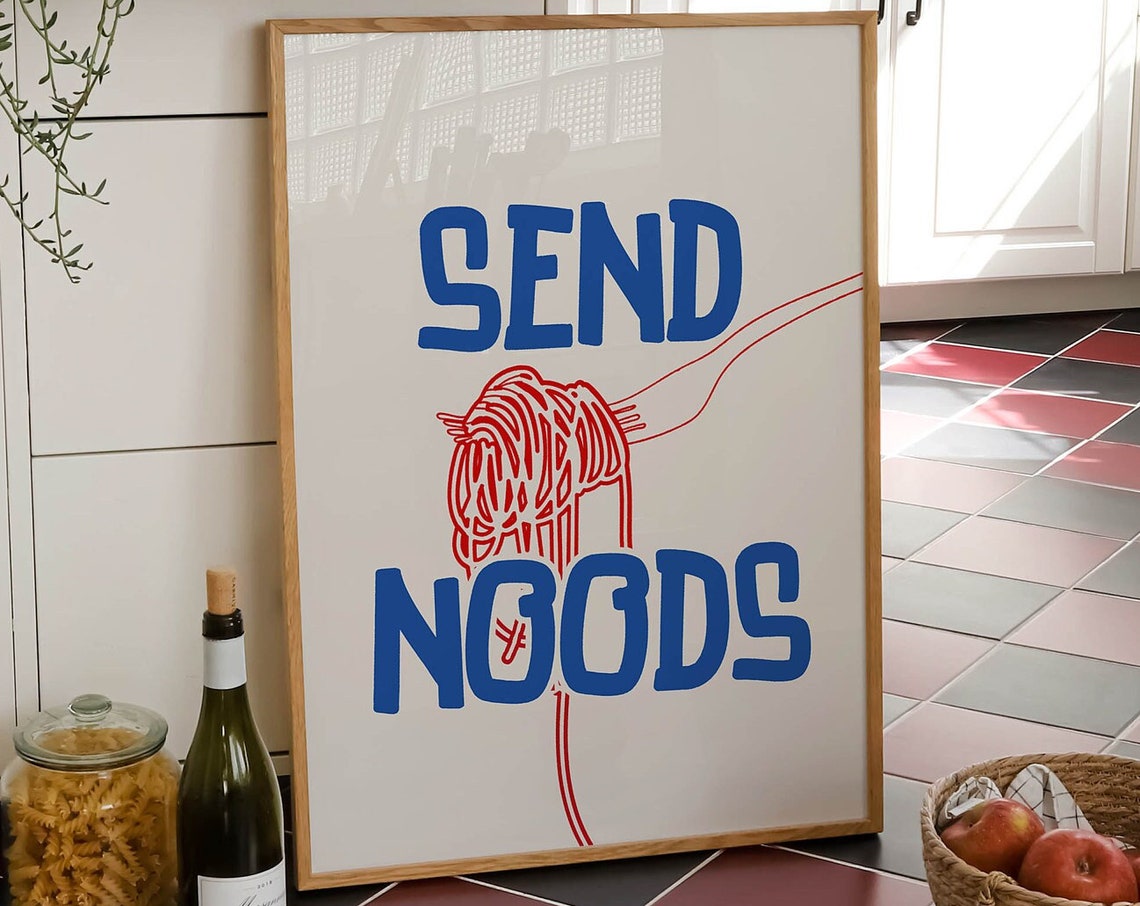 Send Noods Spaghetti Fork Blue Red Funny Kitchen Food Art Poster