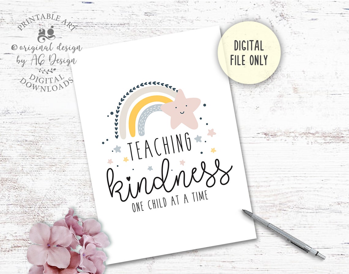 Teaching Kindness One Child At A Time Poster Rainbow Classroom Decor - Image 2