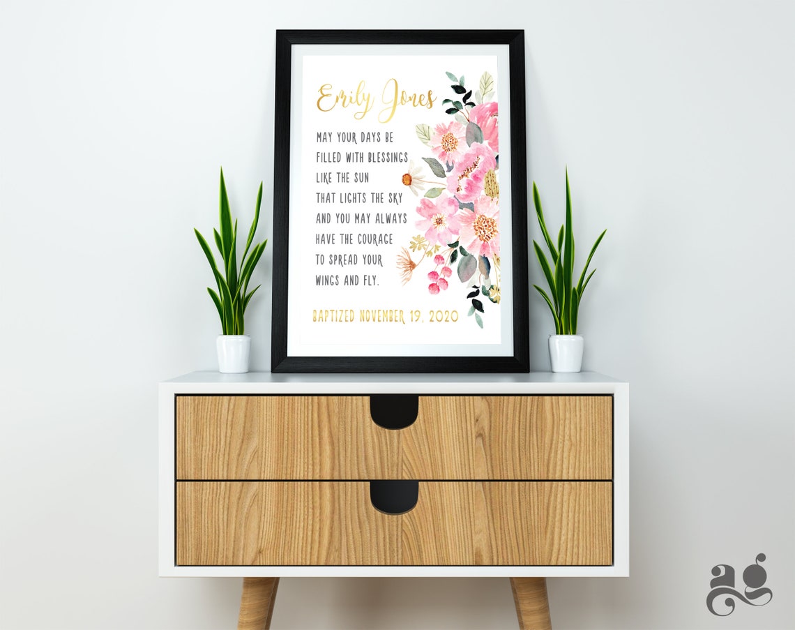 Personalized Baptism Gift Poster with Watercolor Flowers, Blessing for Girl - Image 2