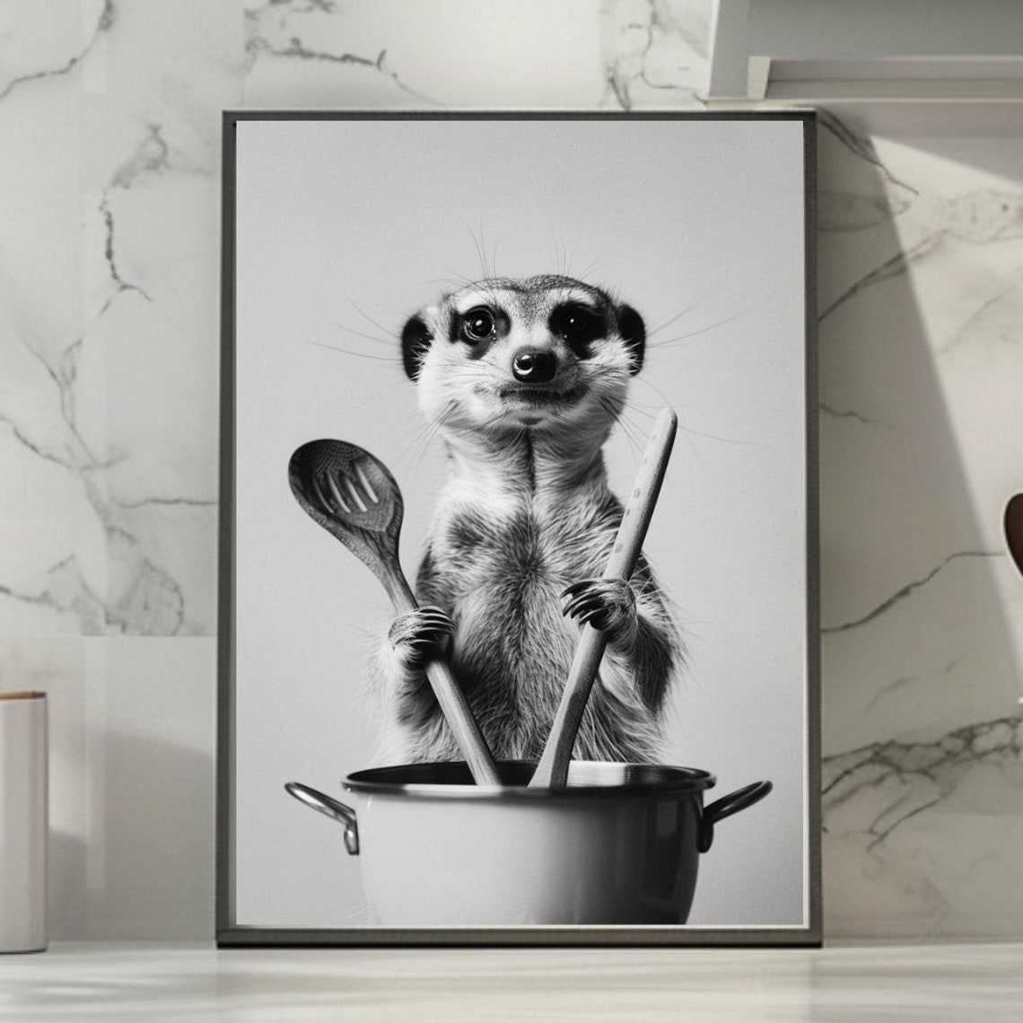 Funny Meerkat Cooking with a Pot and Wooden Spoons Kitchen Poster