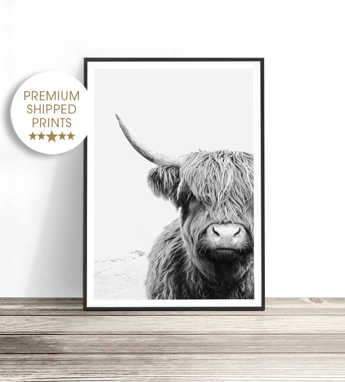 Highland Cow Black and White Art Print, Living Room