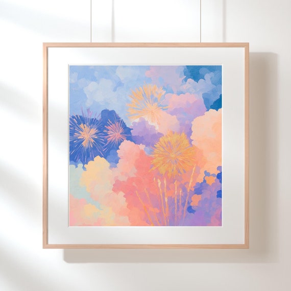 Dreamy Fireworks And Cloudscape Wall Art Pastel Night Sky Abstract Colorful Artwork With Gold Accents Instant
