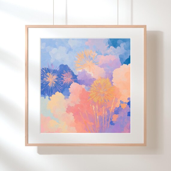 Dreamy Pastel Fireworks In A Soft Cloudscape Night Sky Wall Art