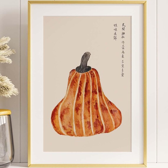 Orange Pumpkin Japanese Ink Painting Autumn Harvest Wall Art