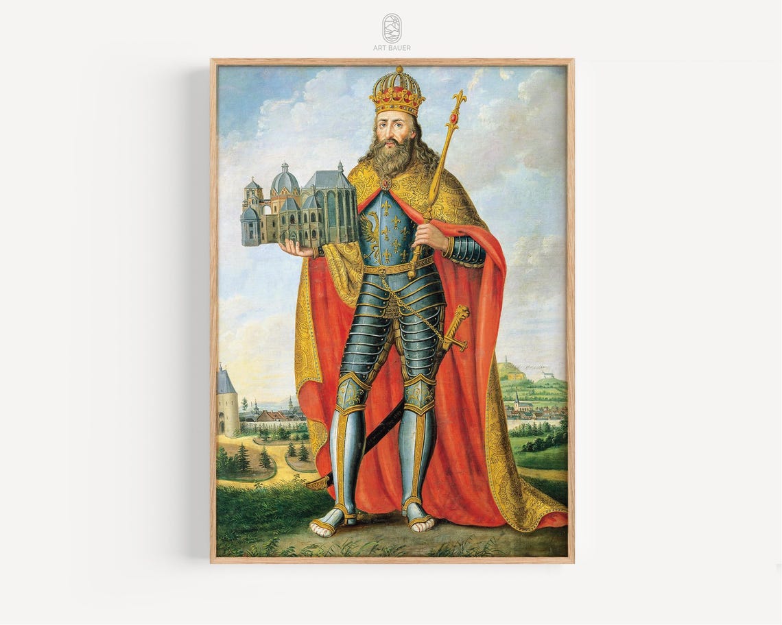 Portrait Of Charlemagne Scheuren 1825 Charlemagne Illustration Vintage Portrait Art Holy Roman Empire Poster Print