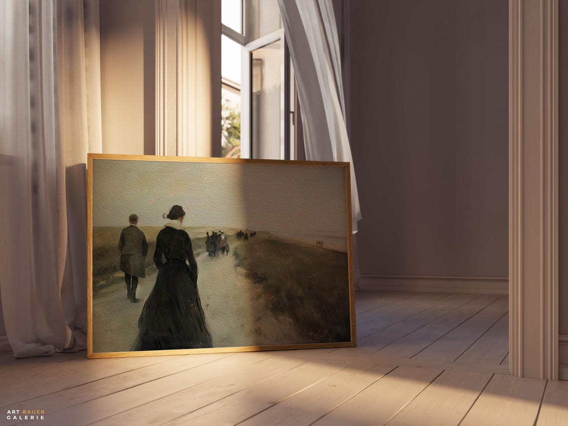 Victorian Figures Walking Coastal Dunes Path Moody Seascape Art Poster - Image 2