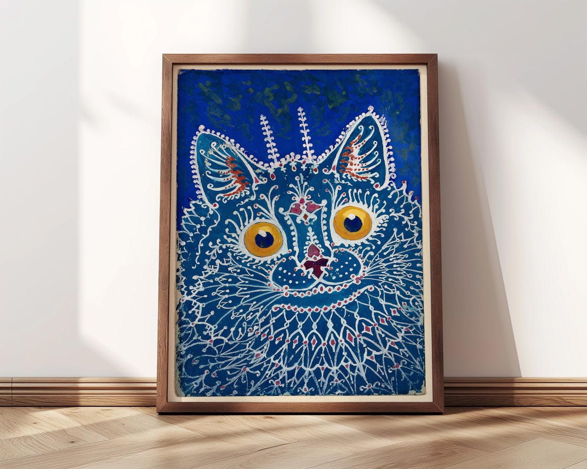 Louis Wain Gothic Style Blue Cat Lace Pattern Golden Eyes Art Poster