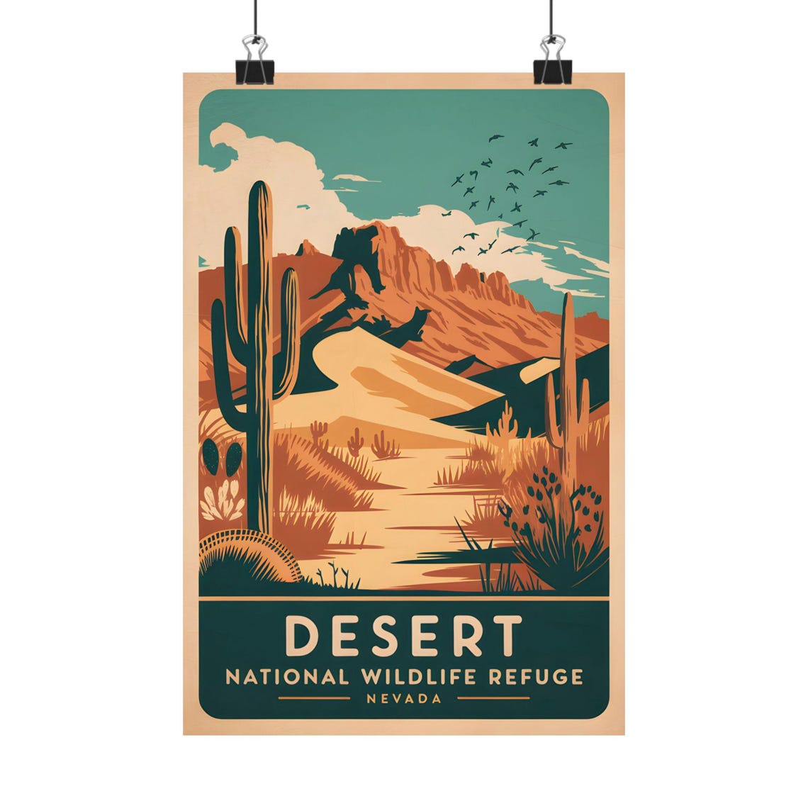 Desert National Wildlife Refuge Nevada Vintage Cactus Mountains Poster