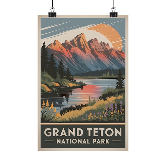 Grand Teton National Park Mountain Lake Sunset Retro Travel Poster