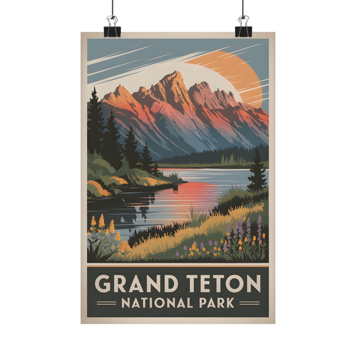Grand Teton National Park Mountain Lake Sunset Retro Travel Poster