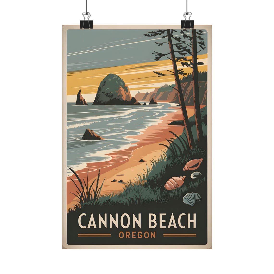 Cannon Beach Oregon Haystack Rock Shells Sunset Vintage Travel Poster