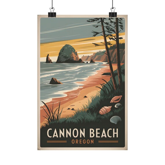 Cannon Beach Oregon Haystack Rock Shells Sunset Vintage Travel Poster