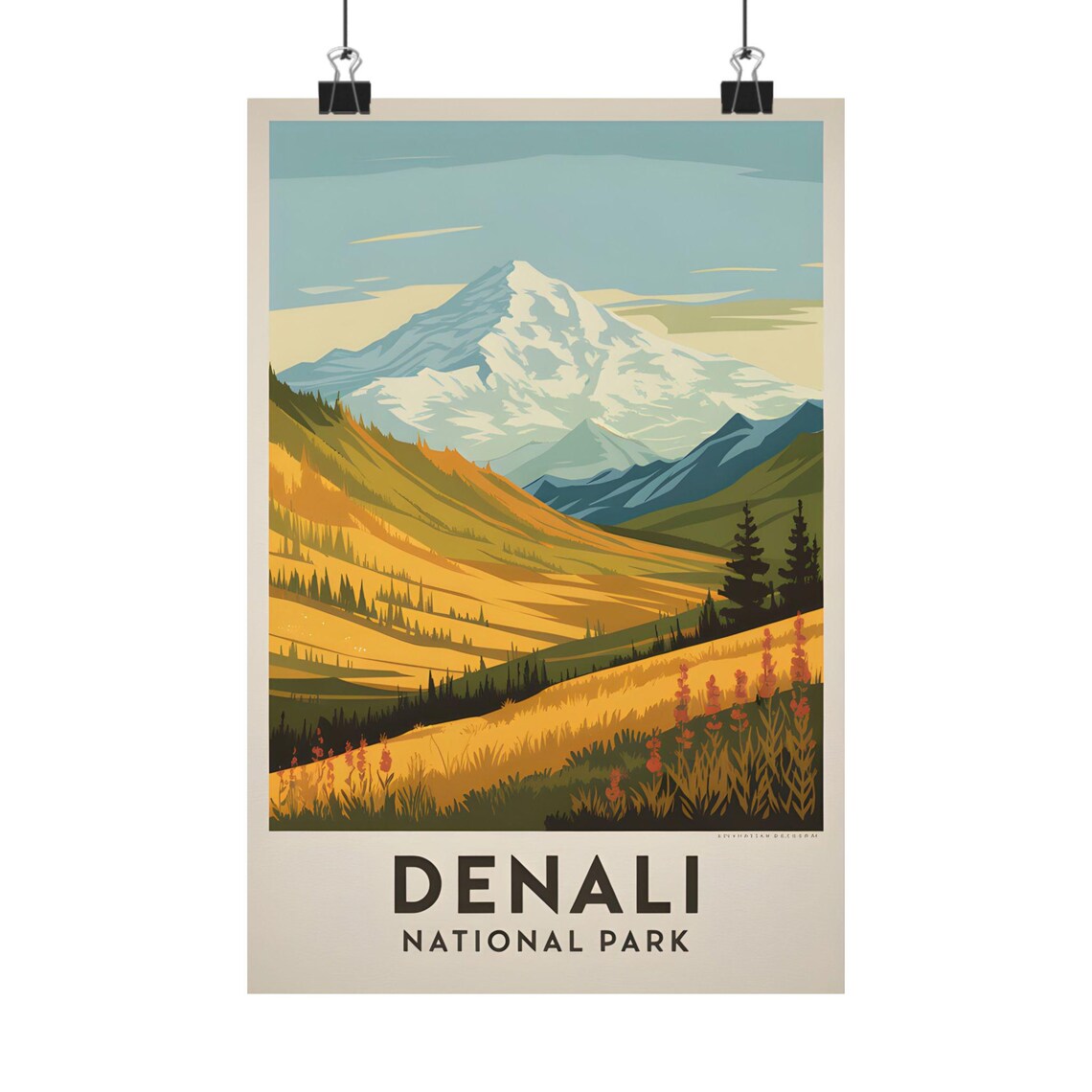 Denali National Park Vintage Mountain Poster Tundra Wildflower Valley Scene