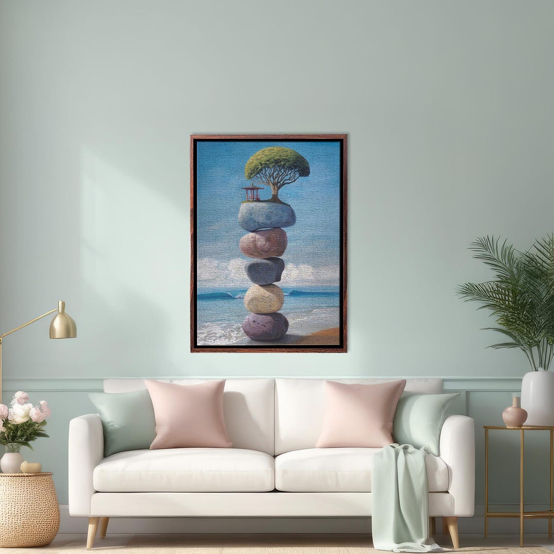 Balanced Stone Cairn With Tree On Beach Surreal Zen Art Poster