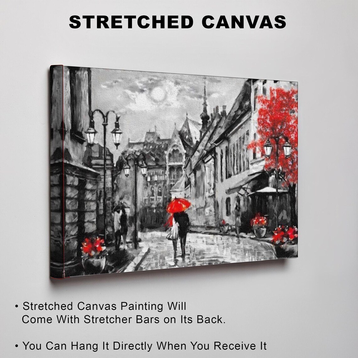 Budapest Old Town Street Red Umbrella Black and White Poster - Image 3