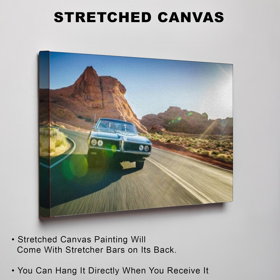 Classic American Muscle Car Speeding on Desert Highway Poster - Image 3