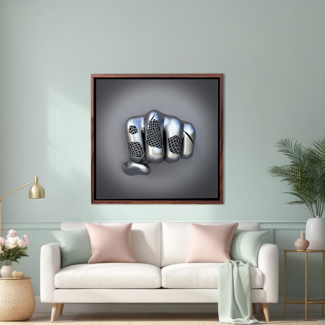 Metallic Silver 3D Clenched Fist Sculpture on Gray Backdrop Poster