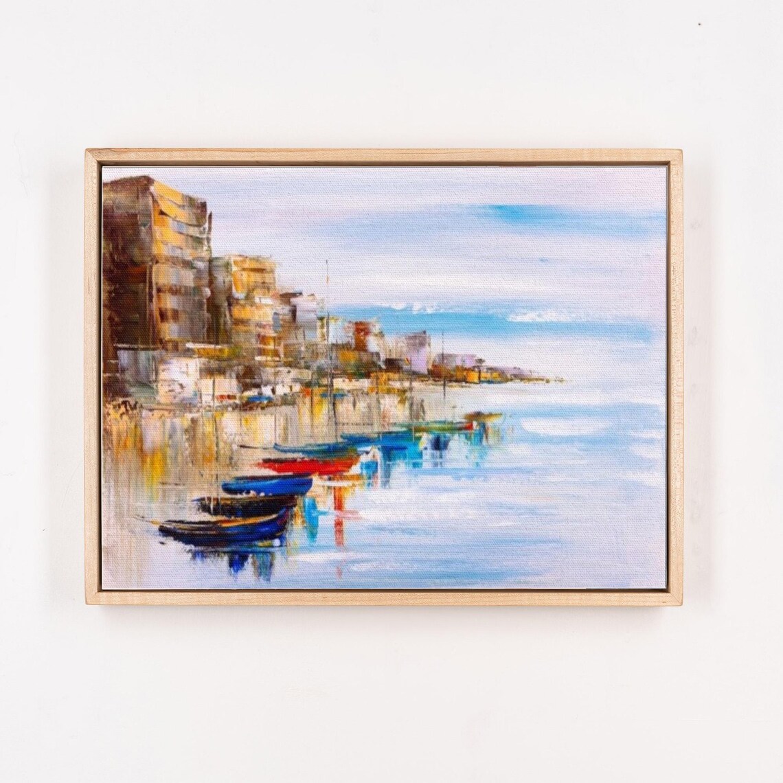 Colorful Boats Anchored Near an Abstract Coastal Town Painting Poster - Image 4