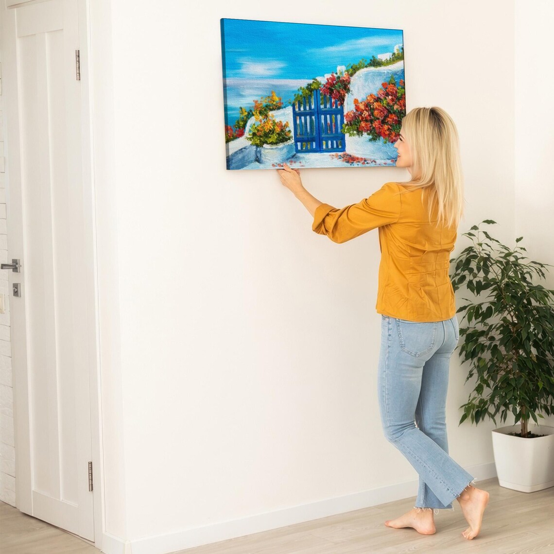 Blue Wooden Gate In Whitewashed Garden Wall Overlooking The Sea Poster - Image 5