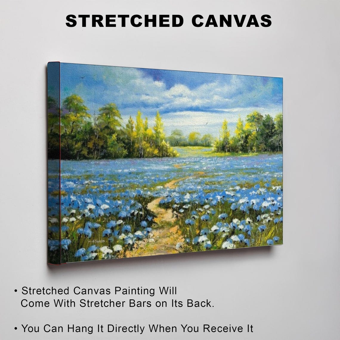 Blue Wildflower Meadow with Winding Path Impressionist Poster - Image 3