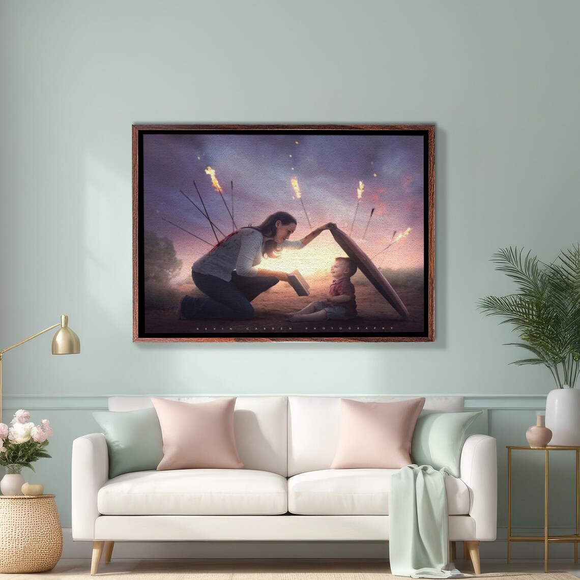 Mother Shielding Child From Flaming Arrows Reading Art Poster