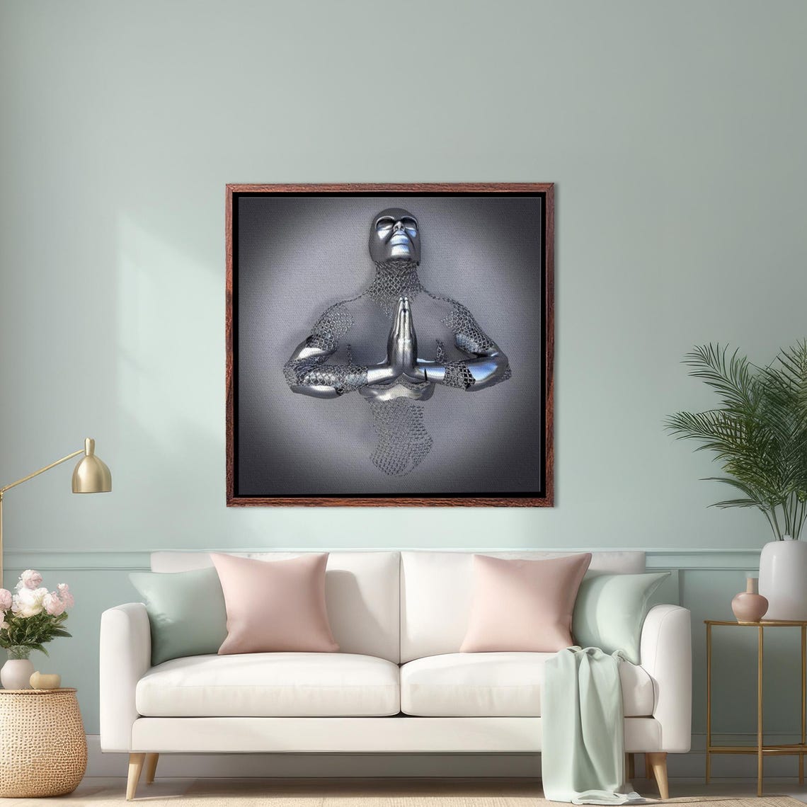 Metallic Silver Figure in Prayer Meditation Yoga Pose Poster