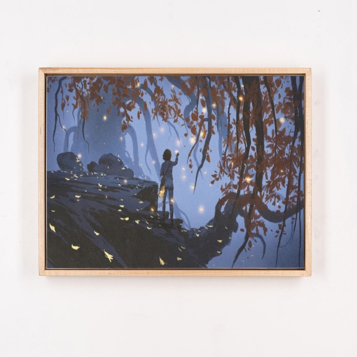 Woman Catching Golden Leaves In Dark Enchanted Autumn Forest Poster - Image 4