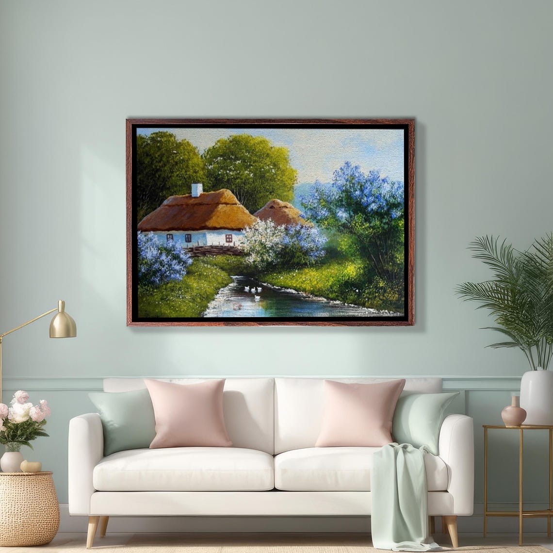 Thatched Cottage by the River With Ducks Spring Blossom Poster