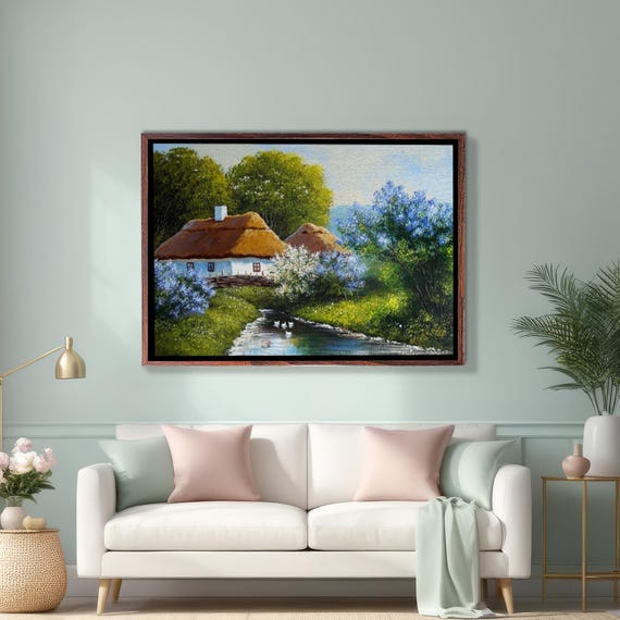 Cottage By The River Oil Painting Style Decorative Wall Art Landscape Wall Table Nature Print Nature Art