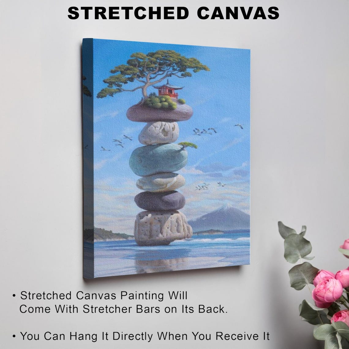 Surreal Stacked Zen Stones Tower with Pagoda by the Sea Poster - Image 3