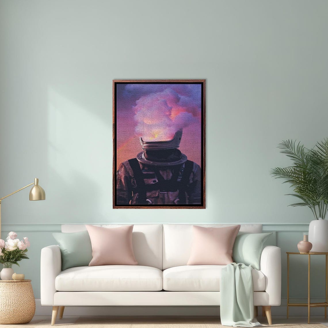 Astronaut With Burning Brain In Open Helmet Fiery Sunset Poster