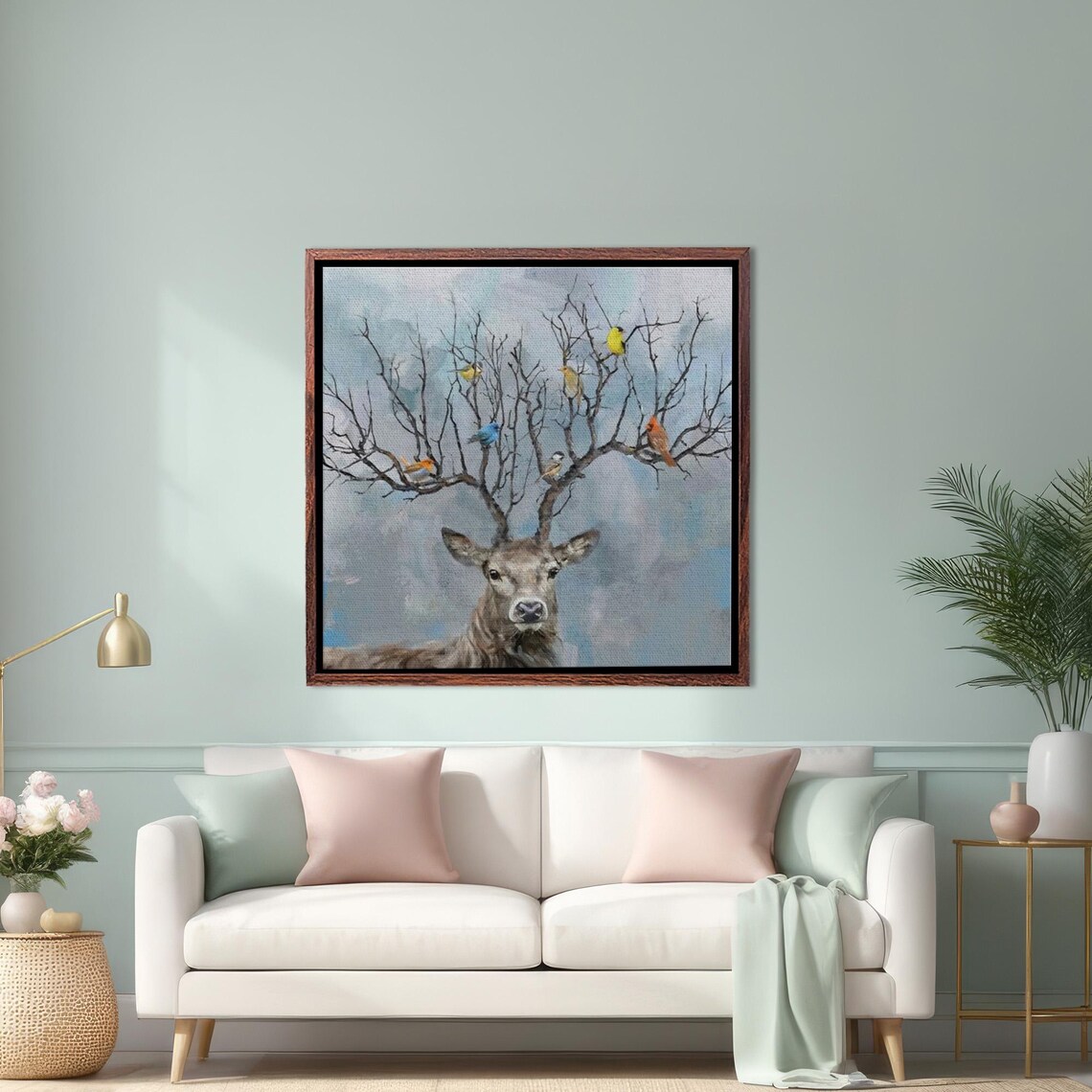 Deer Portrait With Colorful Birds Perched On Branching Antlers Poster