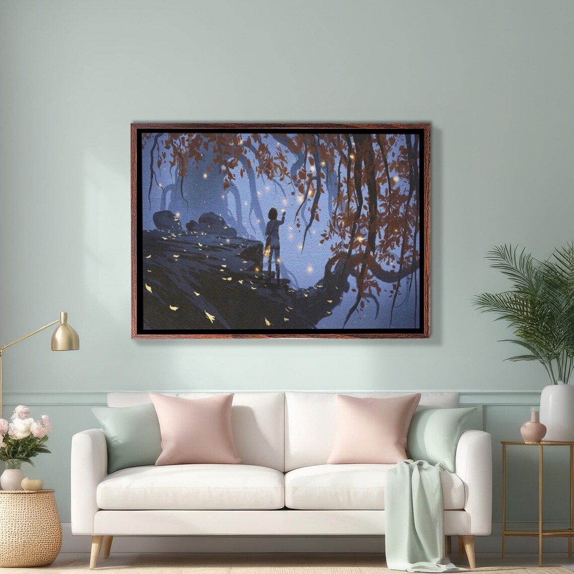 Woman Catching Golden Leaves In Dark Enchanted Autumn Forest Poster