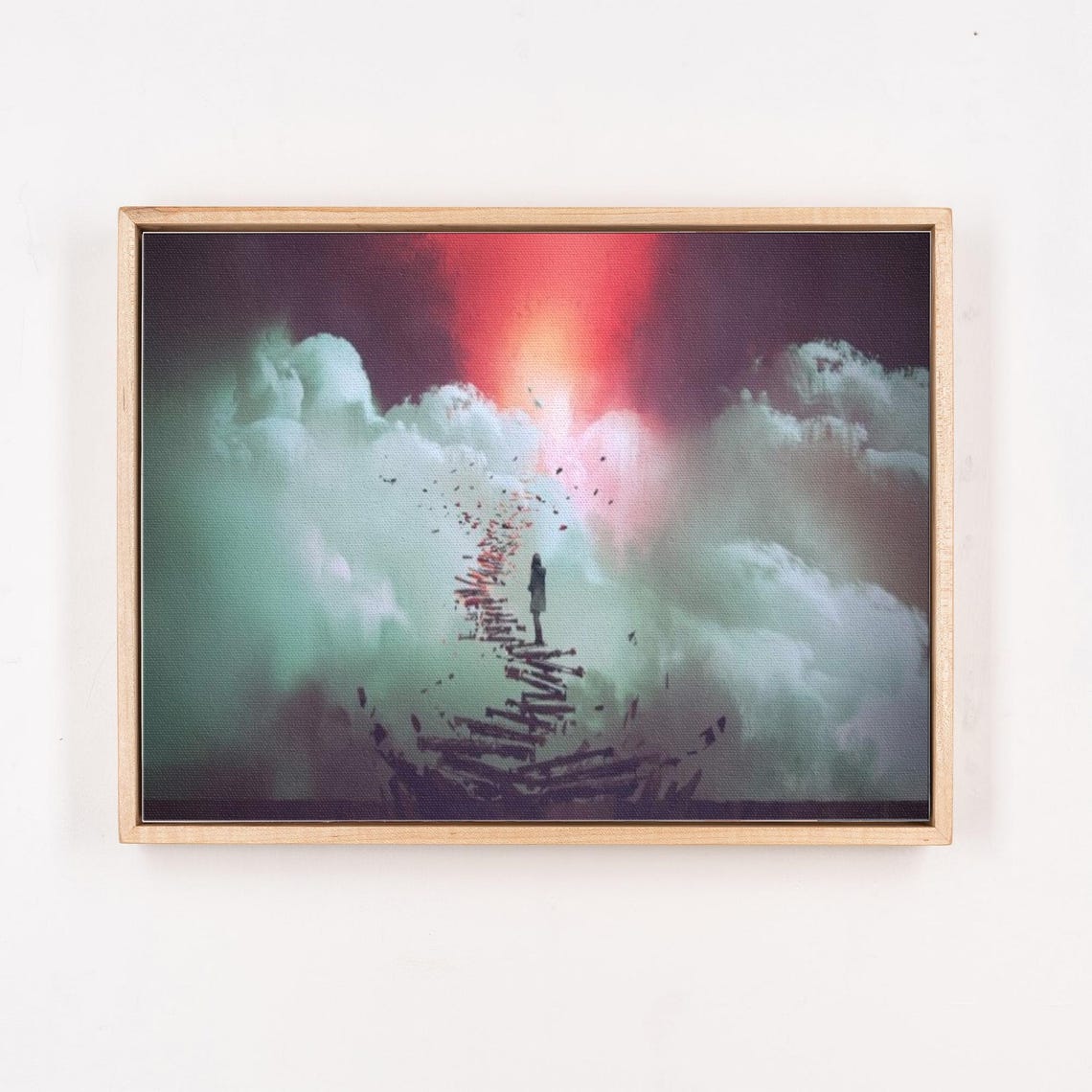 Woman Climbing Broken Staircase Into Clouds Surreal Art Poster - Image 4