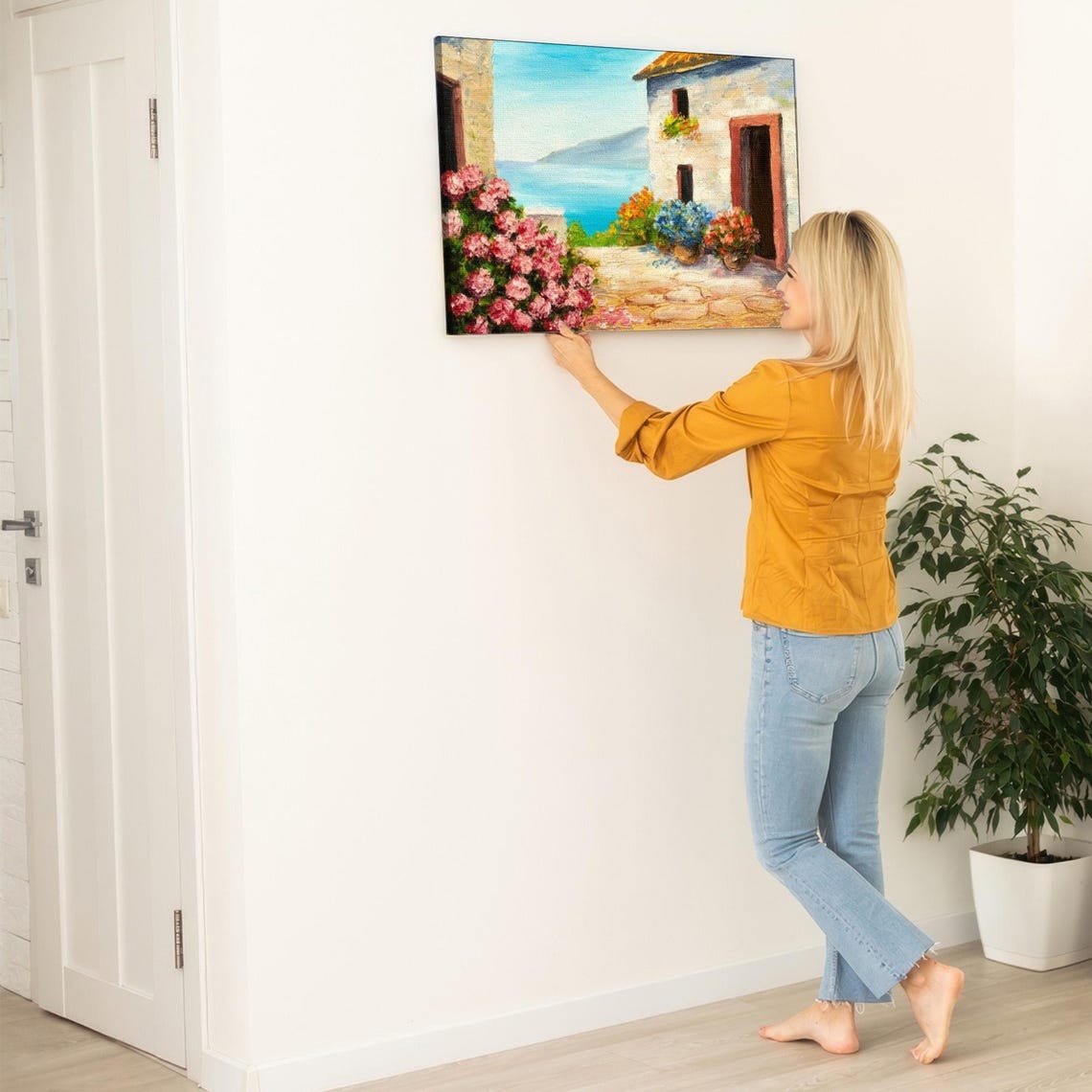 Mediterranean Coastal House With Pink Flowers And Sea View Poster - Image 5