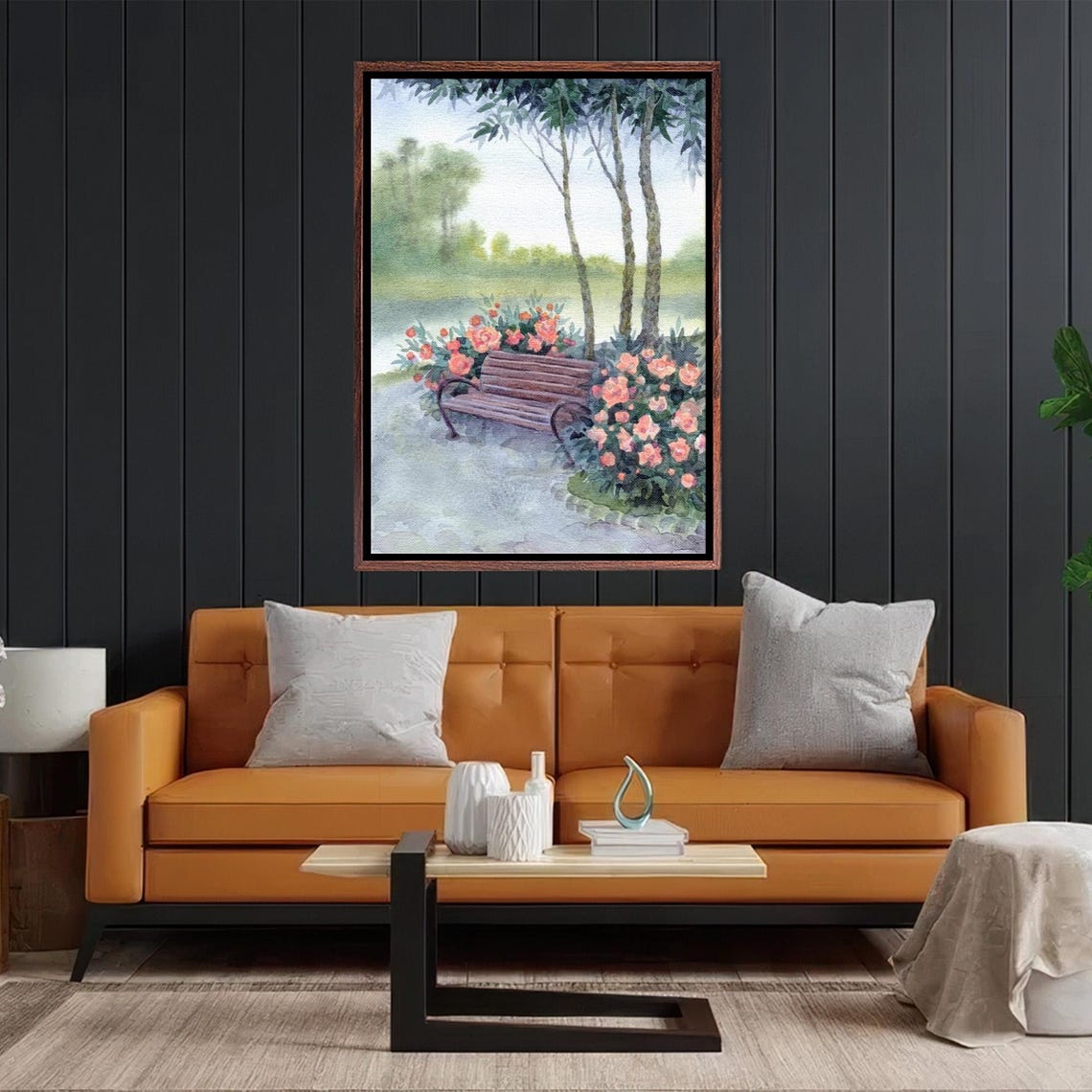 Wooden Park Bench Surrounded By Blooming Pink Roses Garden Poster - Image 2