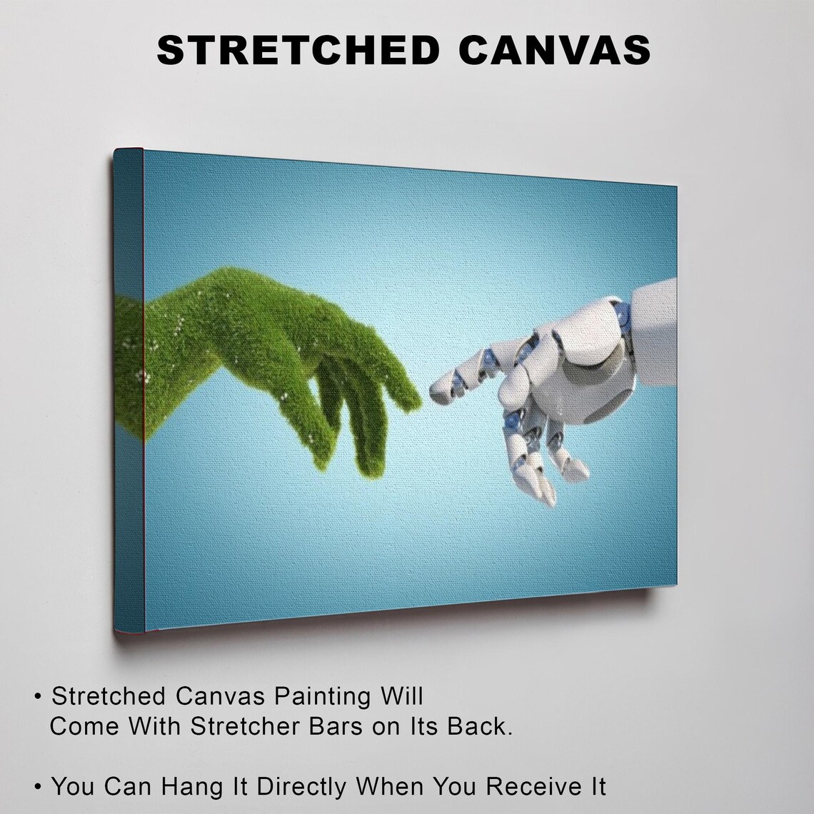 Green Nature Hand Reaching Toward Robot Hand Technology Art Poster - Image 3