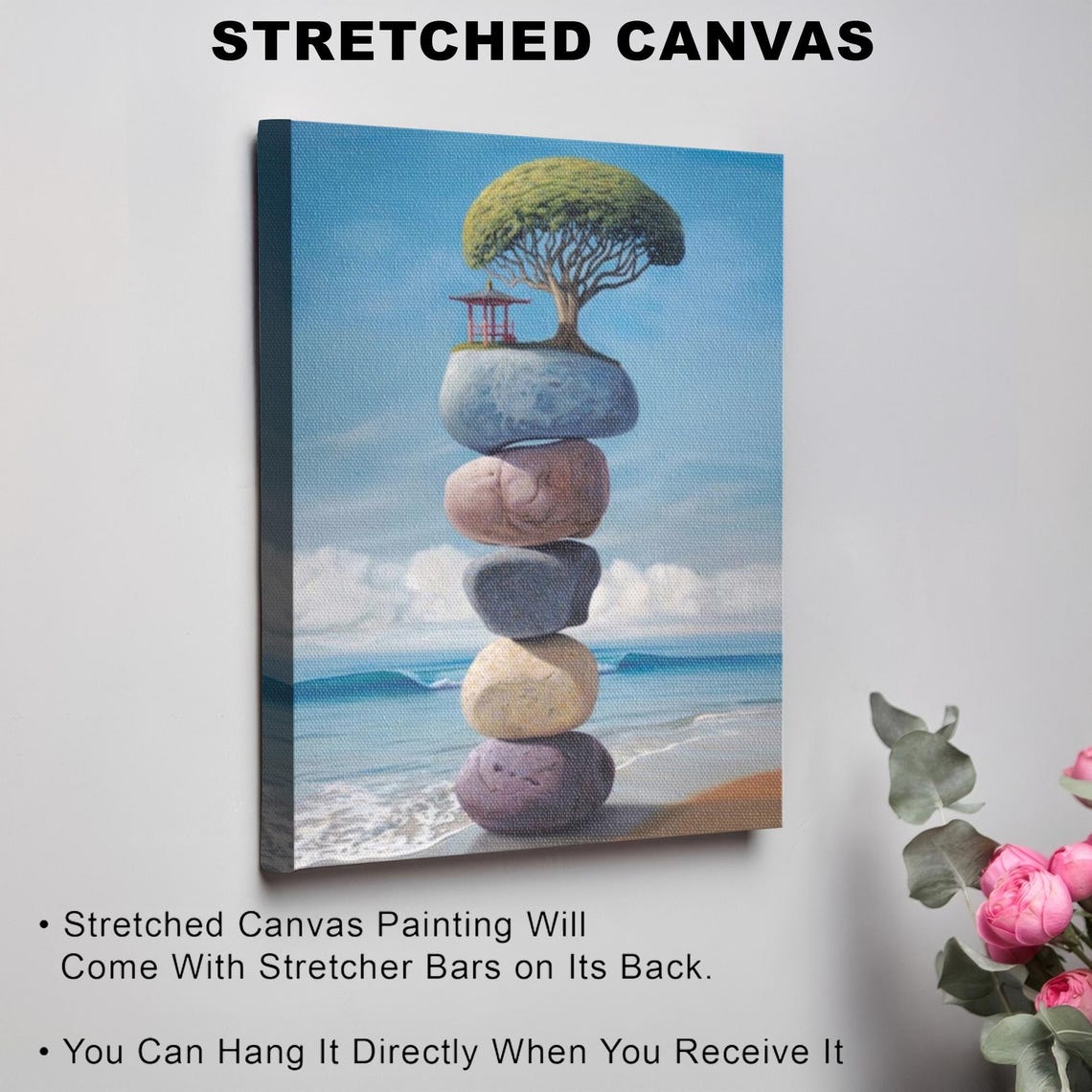 Balanced Stone Cairn With Tree On Beach Surreal Zen Art Poster - Image 3