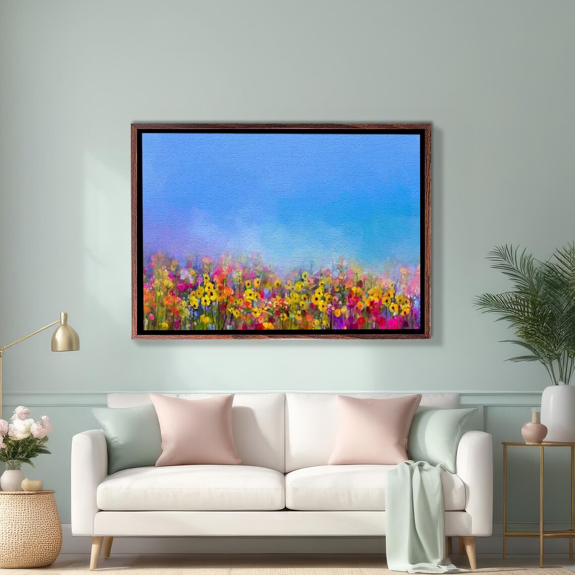 Colorful Wildflower Meadow Under Bright Blue Summer Sky Poster