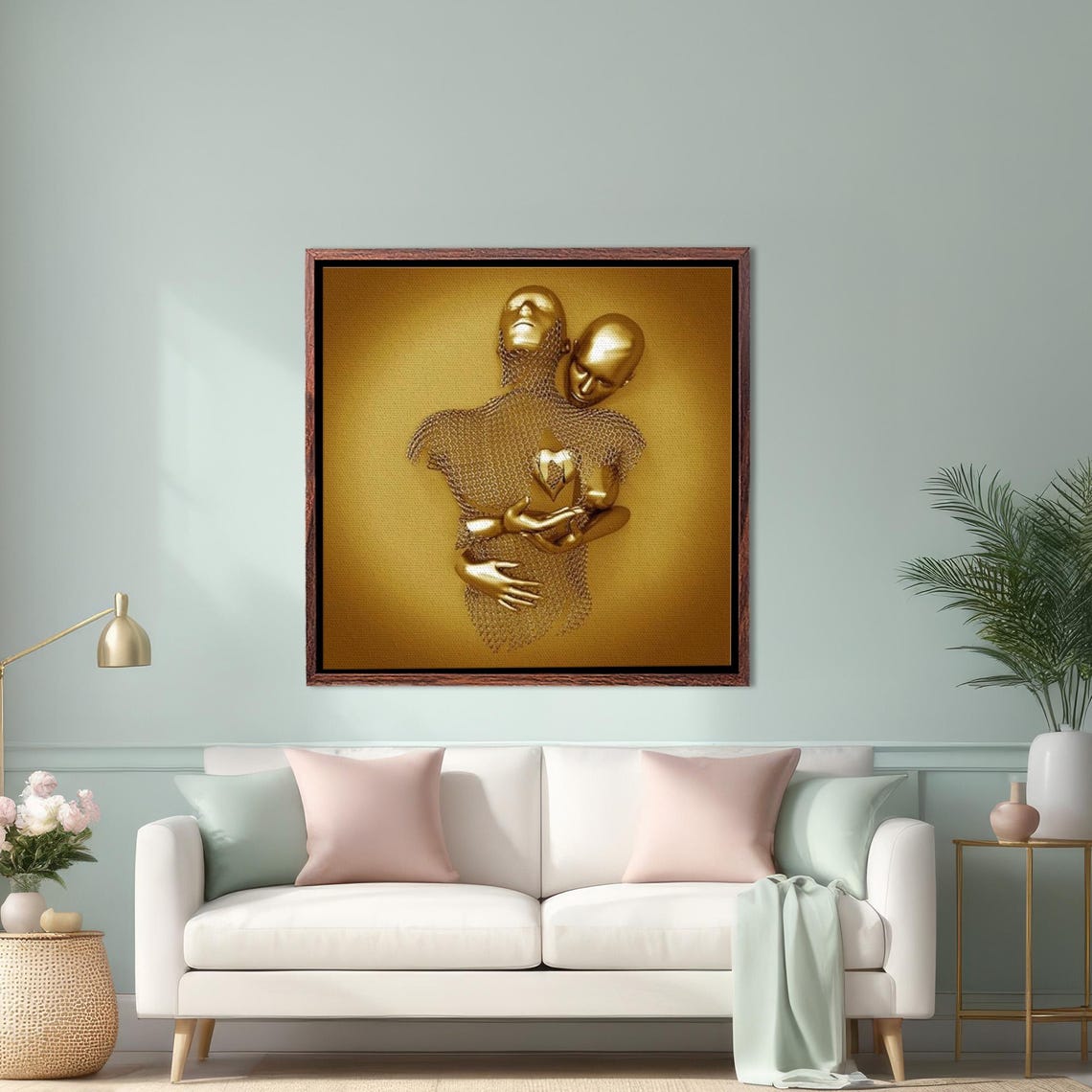 Gold 3D Effect Embracing Couple Romantic Surreal Metallic Art Poster