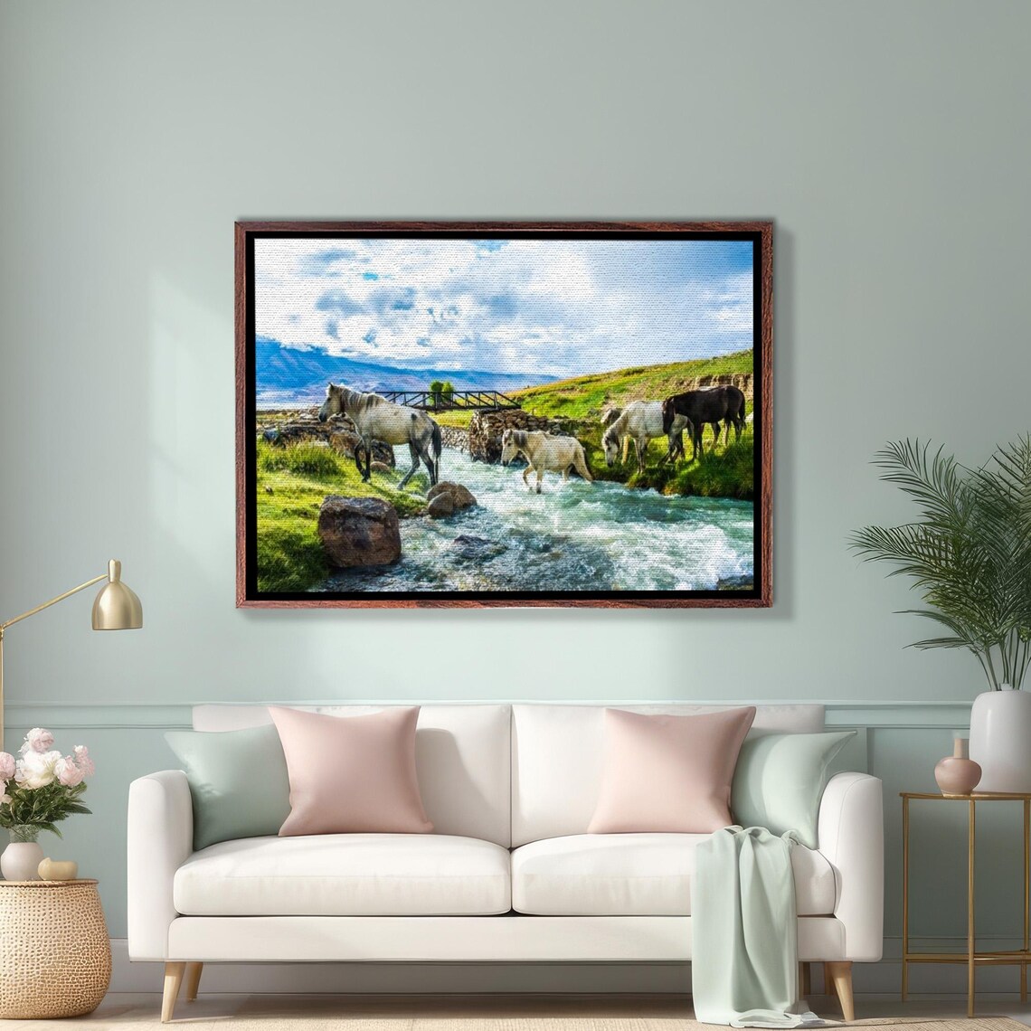 Wild Horses Crossing River In Green Mountain Valley Painting Poster