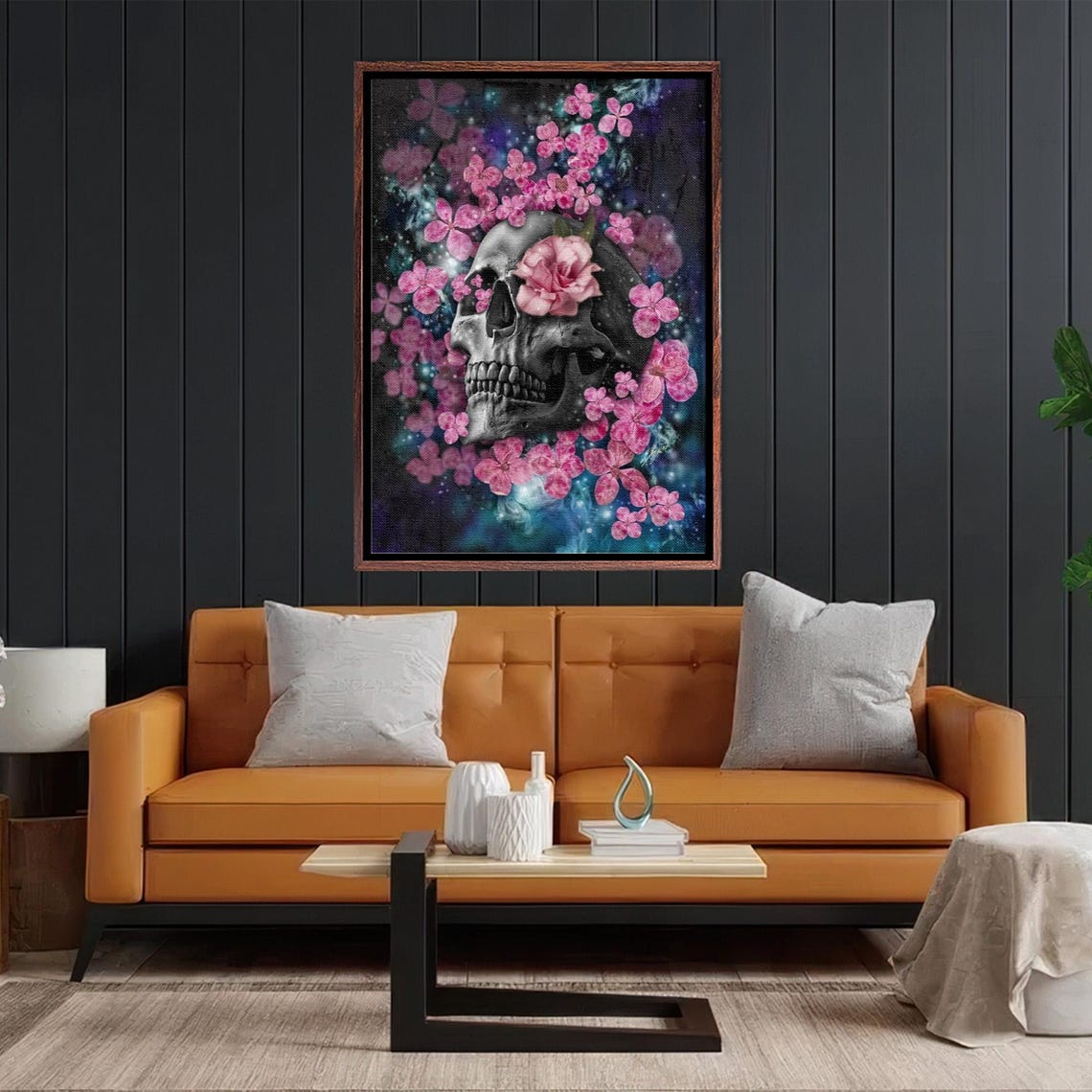 Dark Floral Skull With Pink Blossoms Gothic Botanical Poster - Image 2