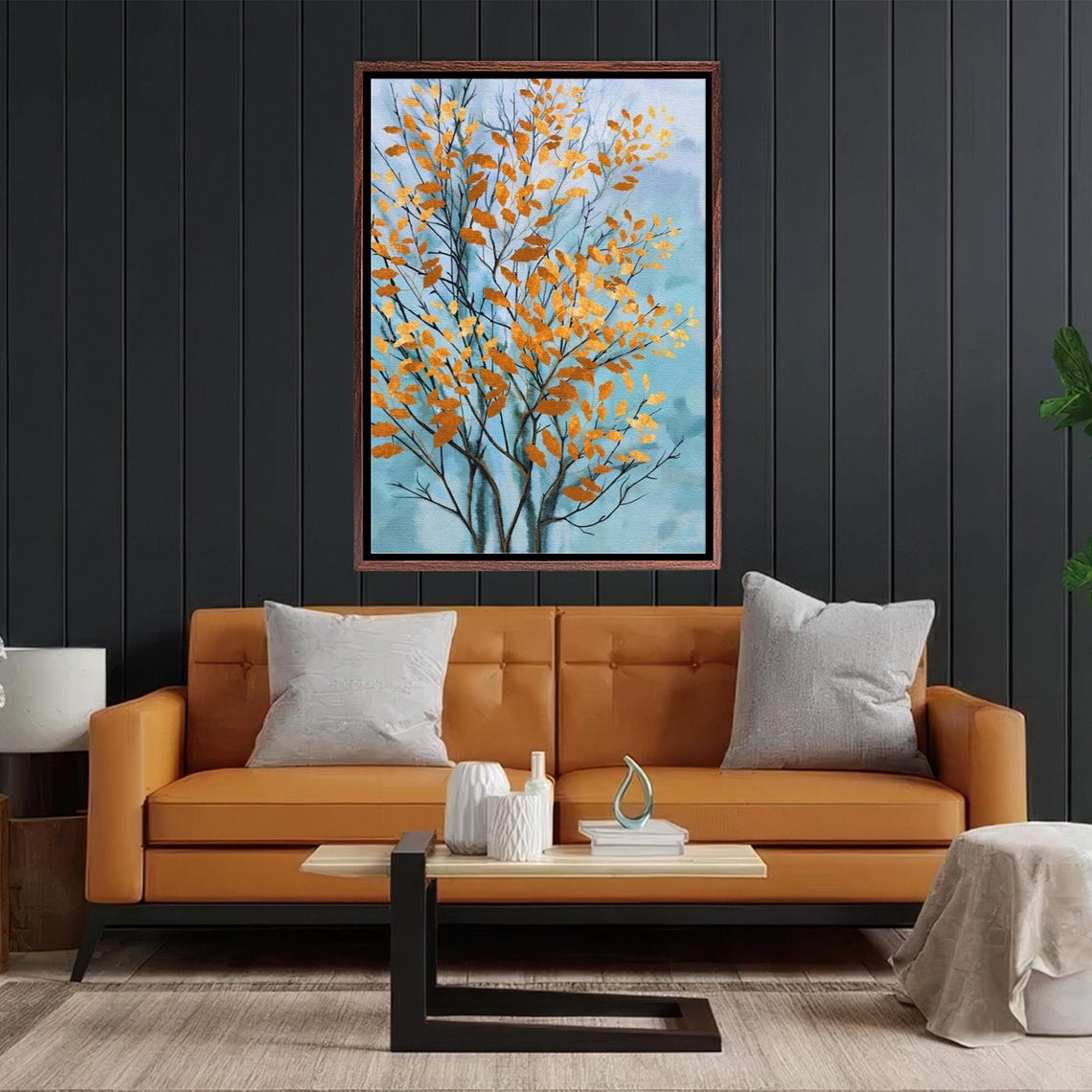 Golden Orange Autumn Leaves Tree on Pale Blue Sky Canvas Poster - Image 2