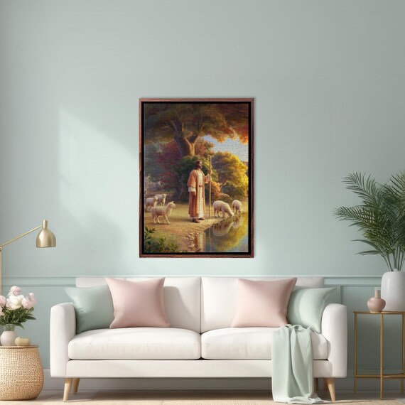 Jesus Christ the Good Shepherd Watching Lambs Lakeside Poster